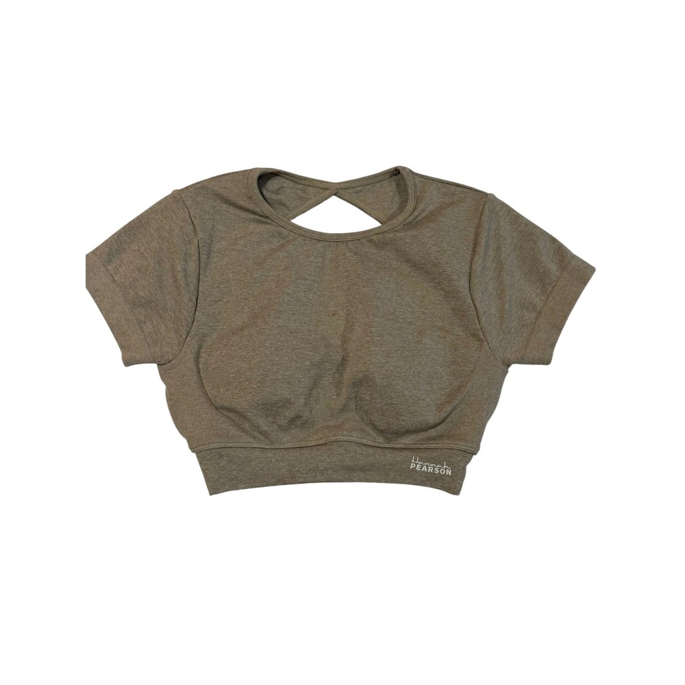 DFYNE Hannah Pearson Twist Back Crop Top Gym Shirt Oat Size S Viral Workout